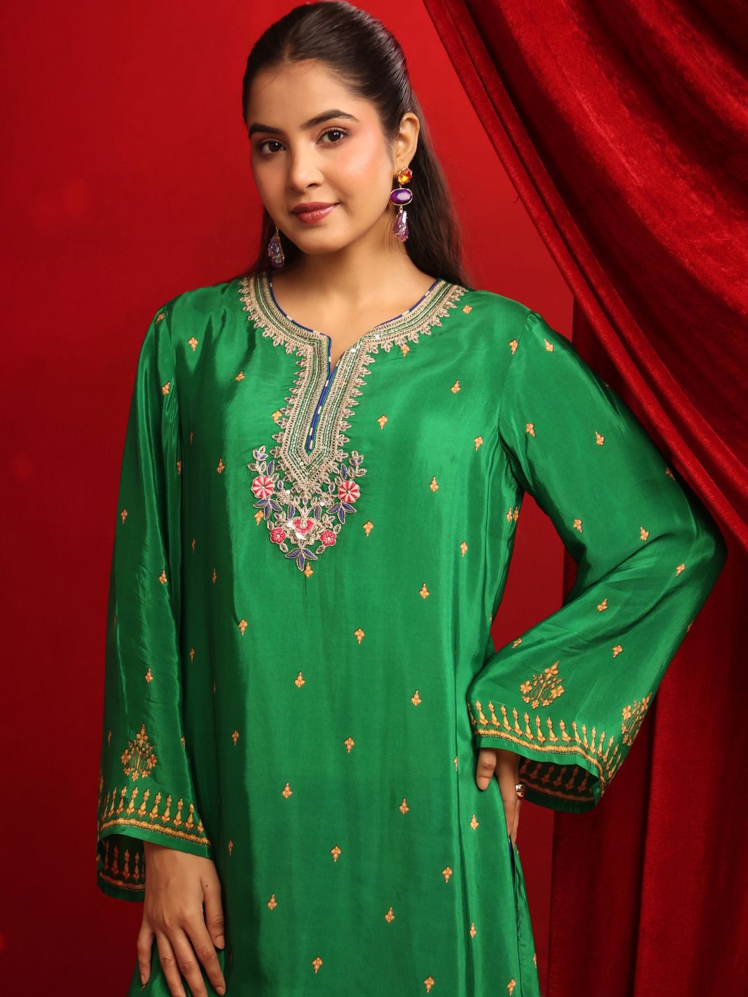 Green Blue Crepe Embroidered Kurta with Farshi Salwar Set