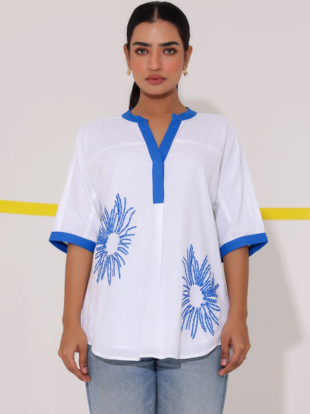 White Embroidered Cotton Shirt Top
