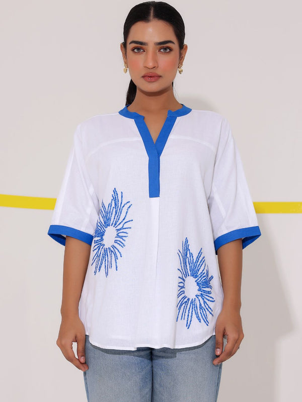 White Embroidered Cotton Shirt Top