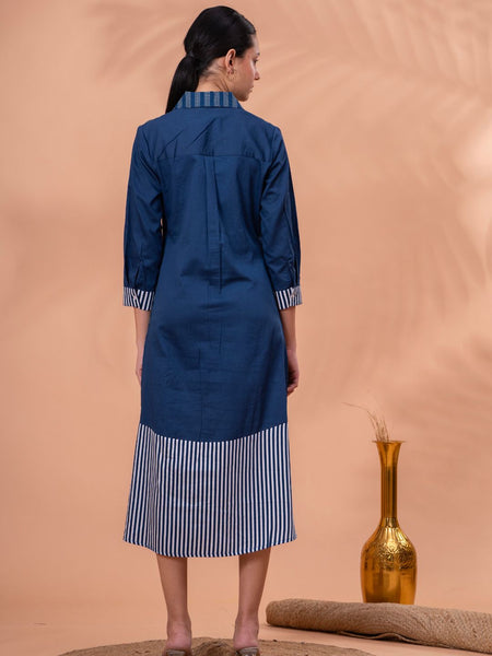 Elegant Blue & White Cotton Embroidered Dress