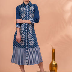 Elegant Blue & White Cotton Embroidered Dress
