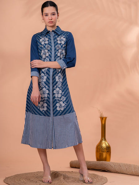 Elegant Blue & White Cotton Embroidered Dress