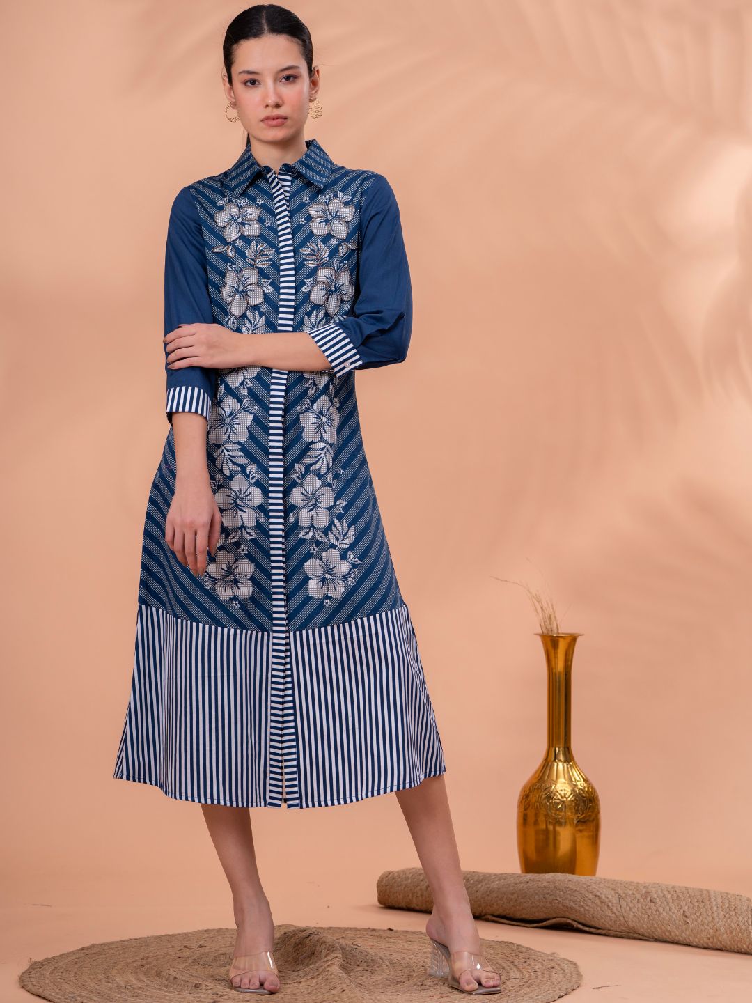Elegant Blue & White Cotton Embroidered Dress