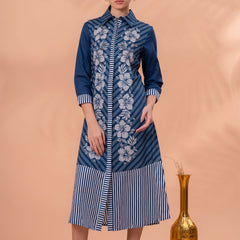 Elegant Blue & White Cotton Embroidered Dress