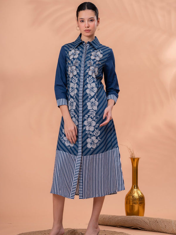 Elegant Blue & White Cotton Embroidered Dress