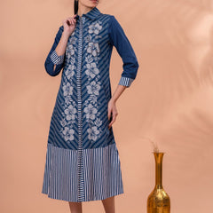 Elegant Blue & White Cotton Embroidered Dress