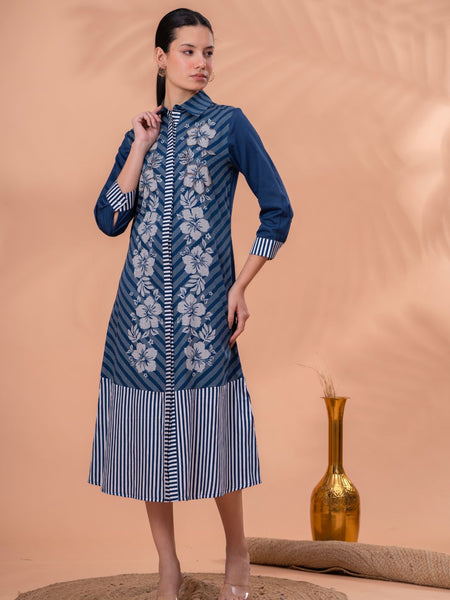 Elegant Blue & White Cotton Embroidered Dress