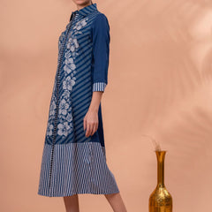 Elegant Blue & White Cotton Embroidered Dress