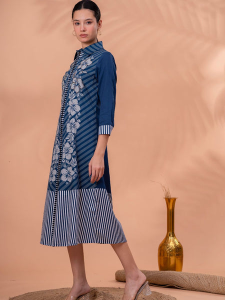 Elegant Blue & White Cotton Embroidered Dress