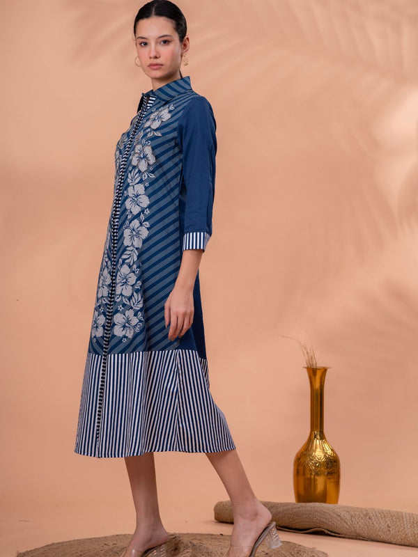 Elegant Blue & White Cotton Embroidered Dress