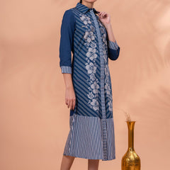 Elegant Blue & White Cotton Embroidered Dress