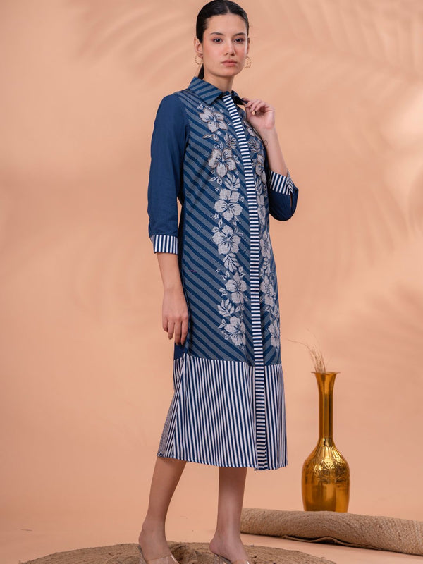 Elegant Blue & White Cotton Embroidered Dress