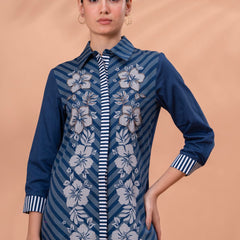 Elegant Blue & White Cotton Embroidered Dress