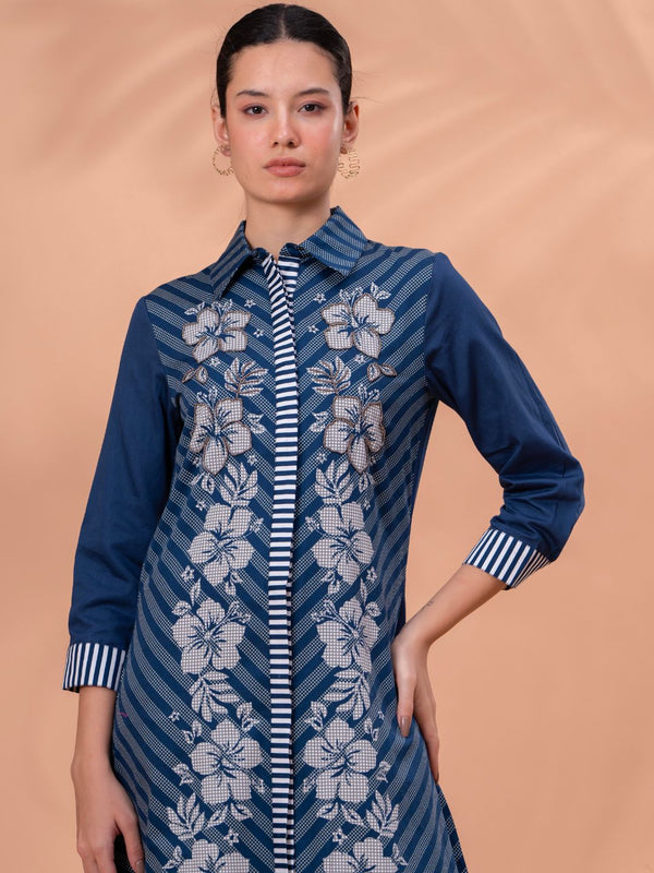 Elegant Blue & White Cotton Embroidered Dress