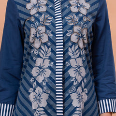 Elegant Blue & White Cotton Embroidered Dress