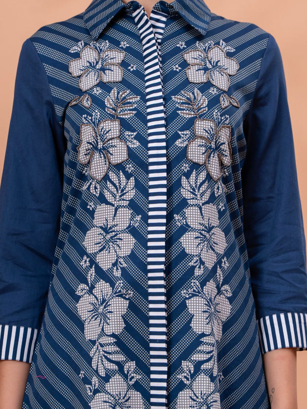 Elegant Blue & White Cotton Embroidered Dress