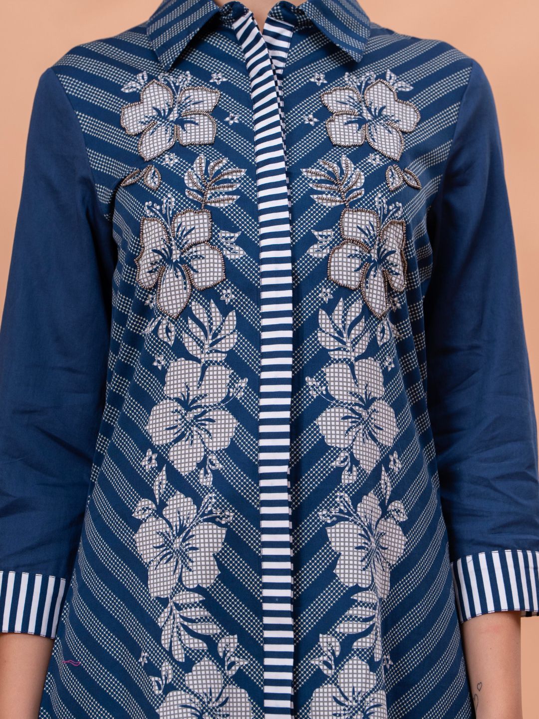Elegant Blue & White Cotton Embroidered Dress