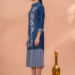 Elegant Blue & White Cotton Embroidered Dress