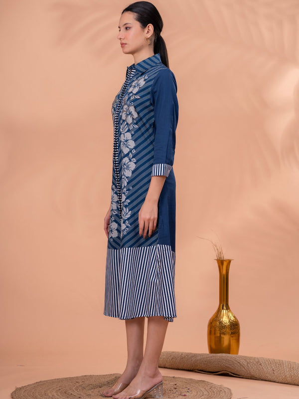 Elegant Blue & White Cotton Embroidered Dress
