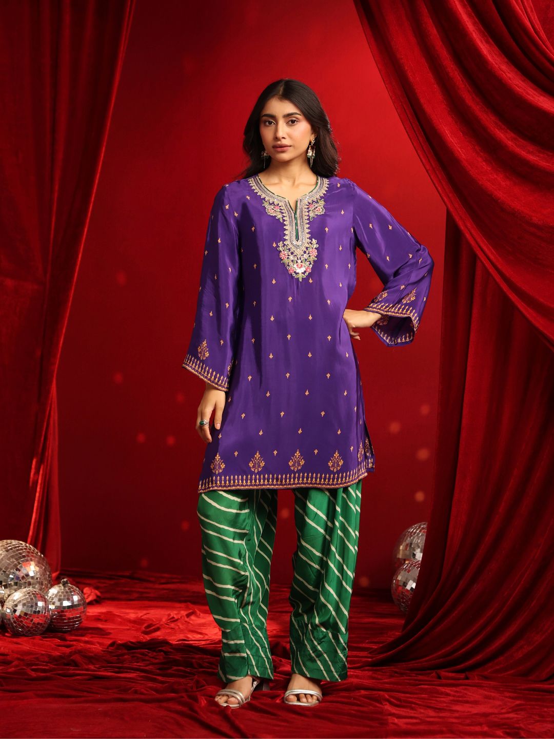 Purple Green Crepe Embroidered Kurta with Farshi Salwar Set