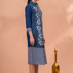 Elegant Blue & White Cotton Embroidered Dress