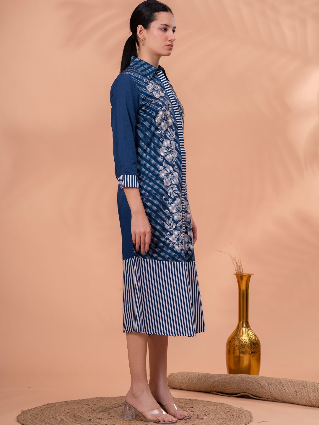 Elegant Blue & White Cotton Embroidered Dress