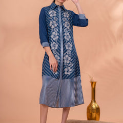 Elegant Blue & White Cotton Embroidered Dress