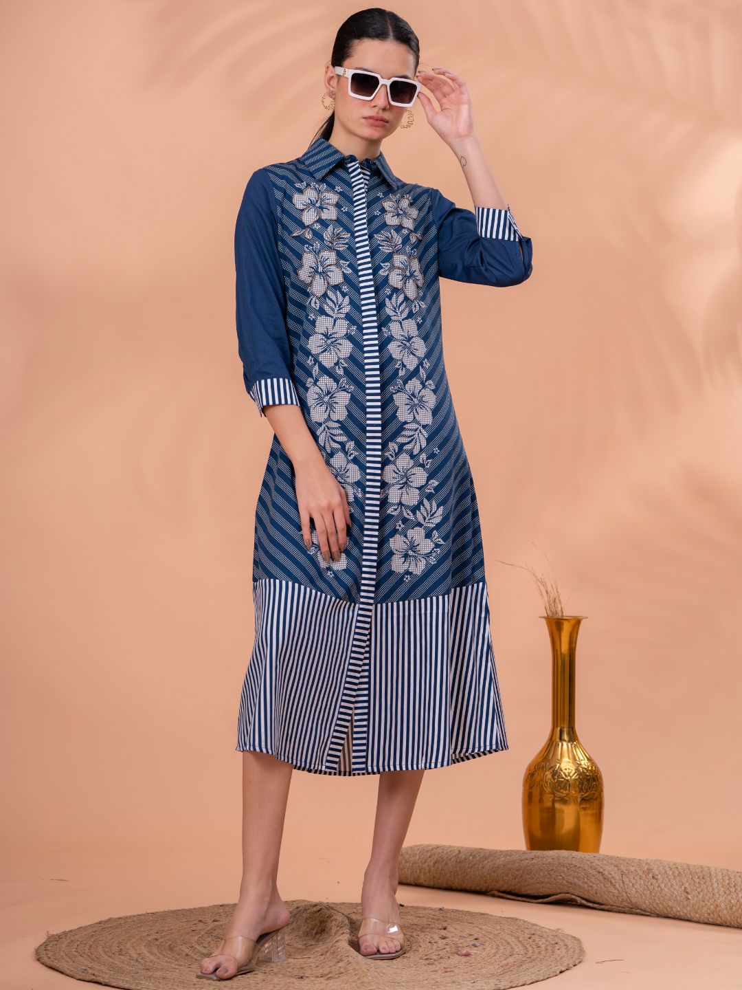 Elegant Blue & White Cotton Embroidered Dress