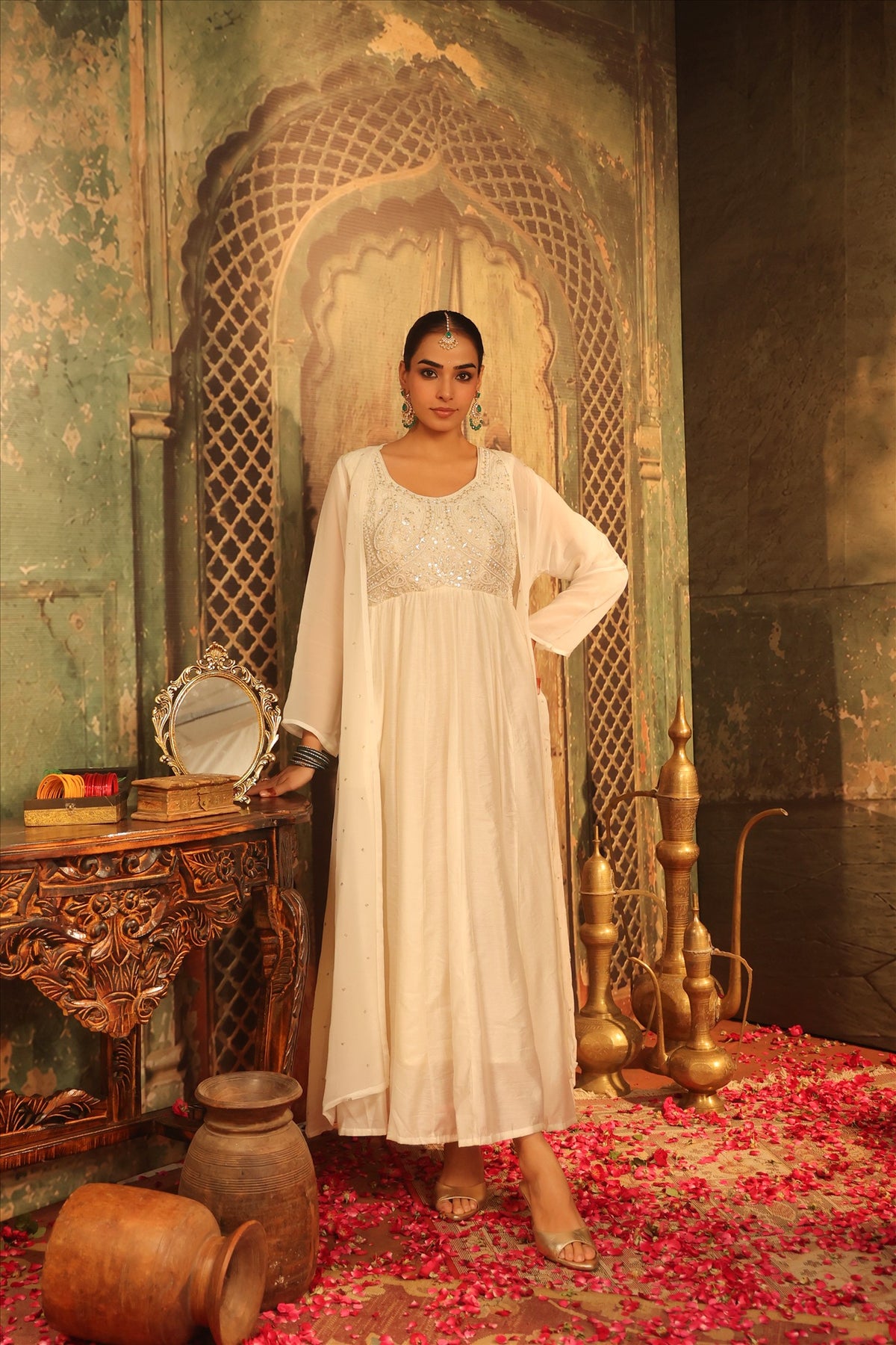 Women's Elegant Ivory Embroidered Georgette Anarkali Dress with Flared Silhouette