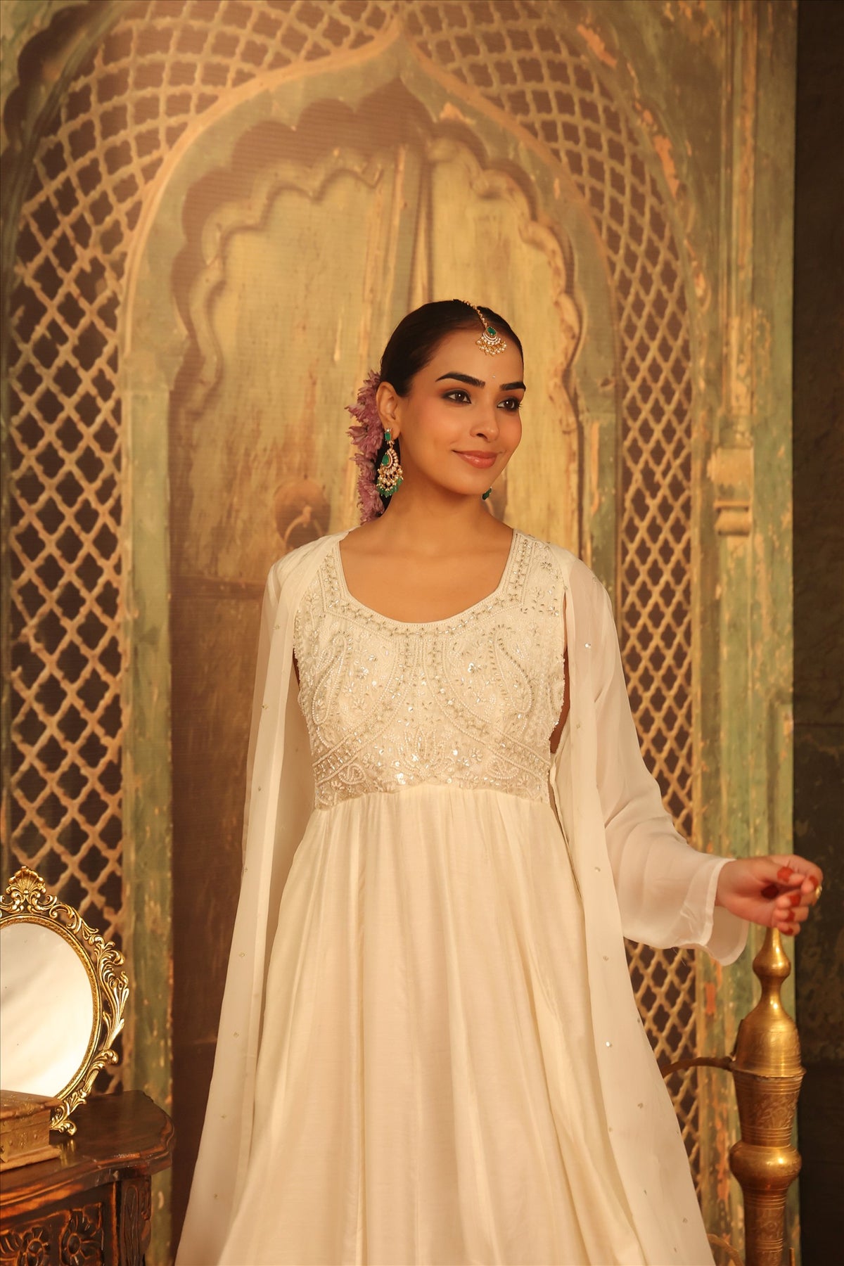 Women's Elegant Ivory Embroidered Georgette Anarkali Dress with Flared Silhouette