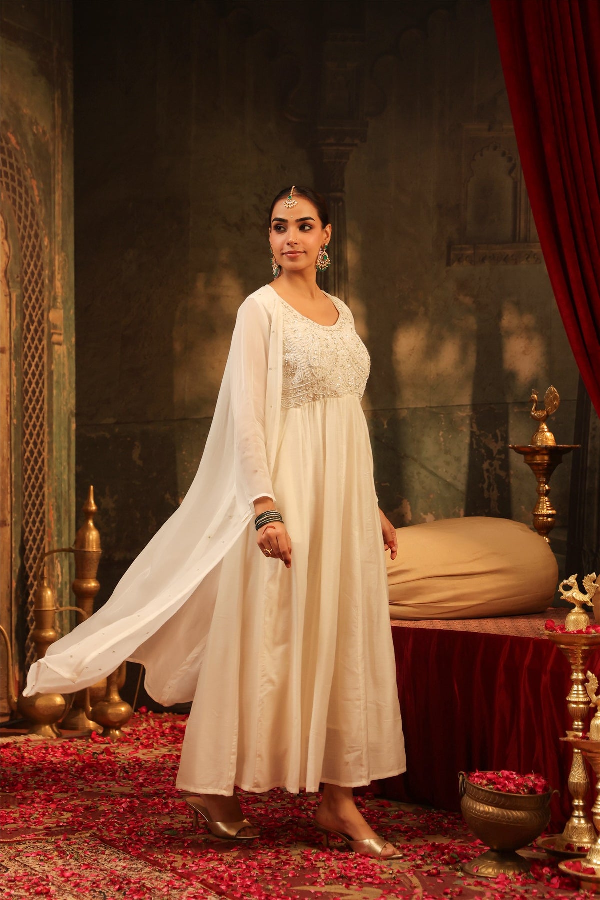Women's Elegant Ivory Embroidered Georgette Anarkali Dress with Flared Silhouette
