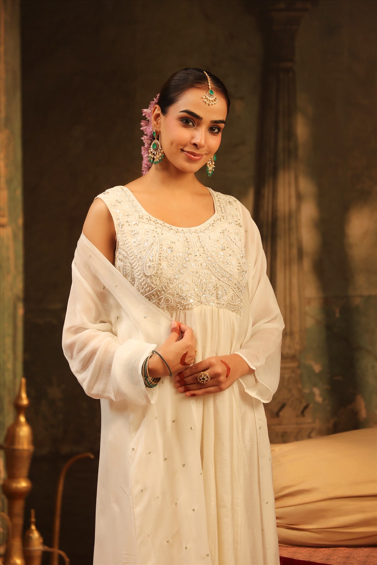 Women's Elegant Ivory Embroidered Georgette Anarkali Dress with Flared Silhouette