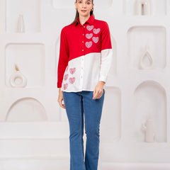 Classic Red & White Cotton Embroidered Heart Shirt