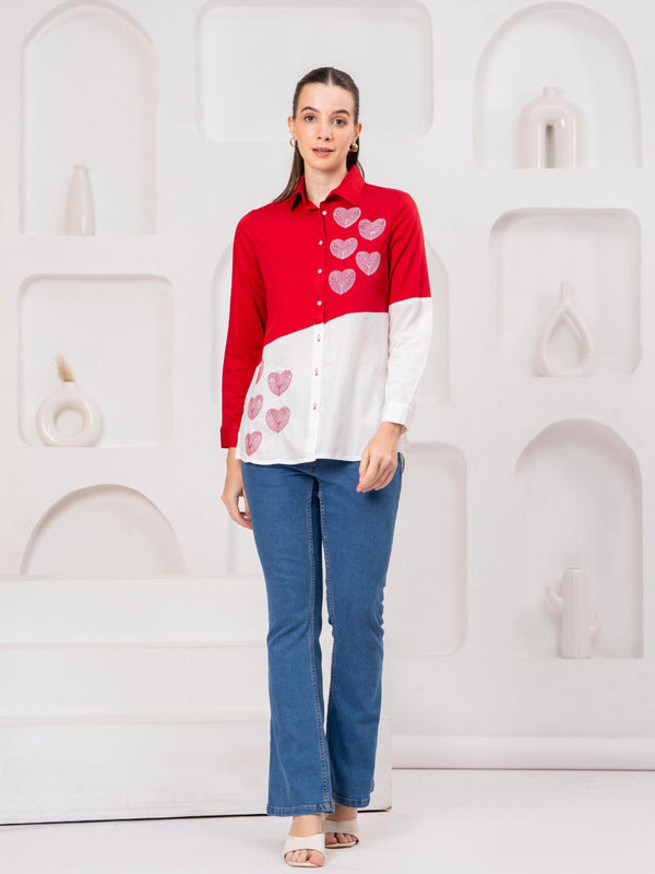 Classic Red & White Cotton Embroidered Heart Shirt