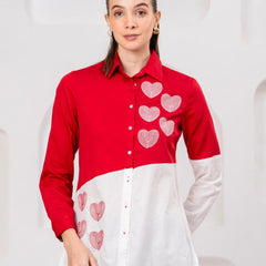 Classic Red & White Cotton Embroidered Heart Shirt