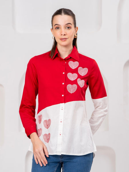 Classic Red & White Cotton Embroidered Heart Shirt