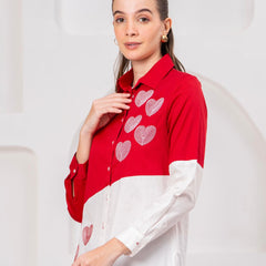 Classic Red & White Cotton Embroidered Heart Shirt