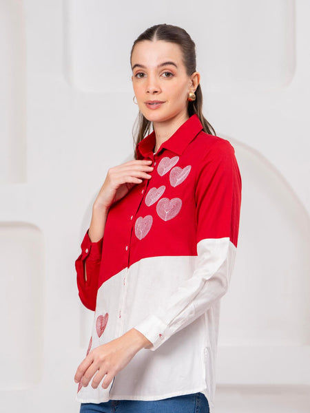 Classic Red & White Cotton Embroidered Heart Shirt