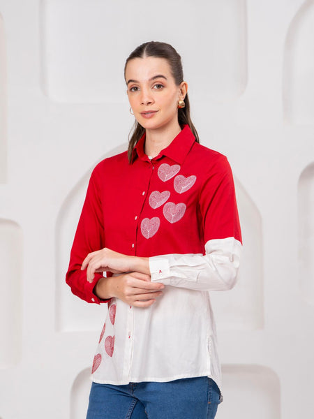 Classic Red & White Cotton Embroidered Heart Shirt