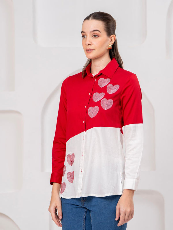 Classic Red & White Cotton Embroidered Heart Shirt
