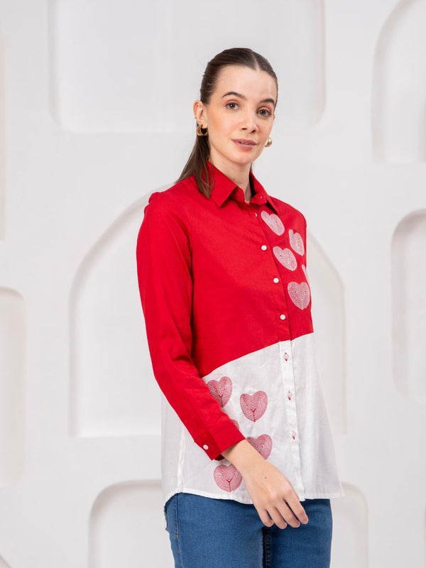 Classic Red & White Cotton Embroidered Heart Shirt