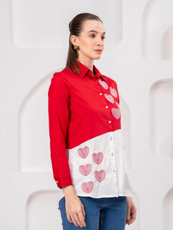 Classic Red & White Cotton Embroidered Heart Shirt