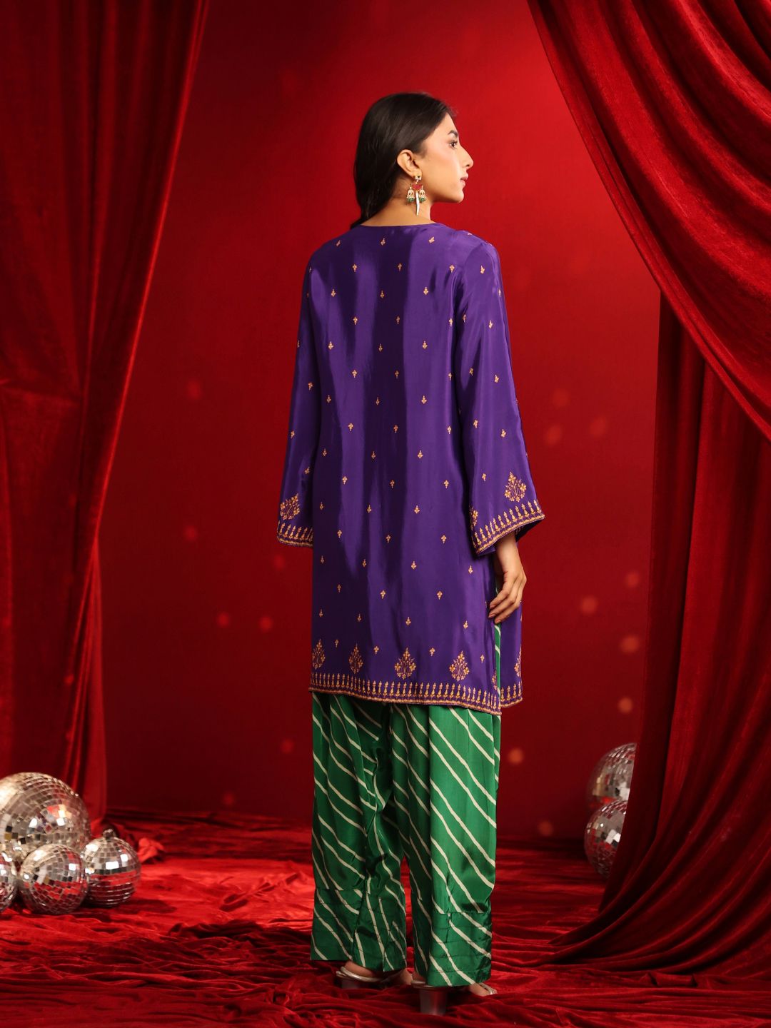 Purple Green Crepe Embroidered Kurta with Farshi Salwar Set