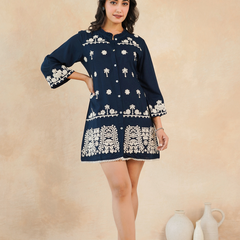 Navy Blue Embroidered Rayon Midi Dress