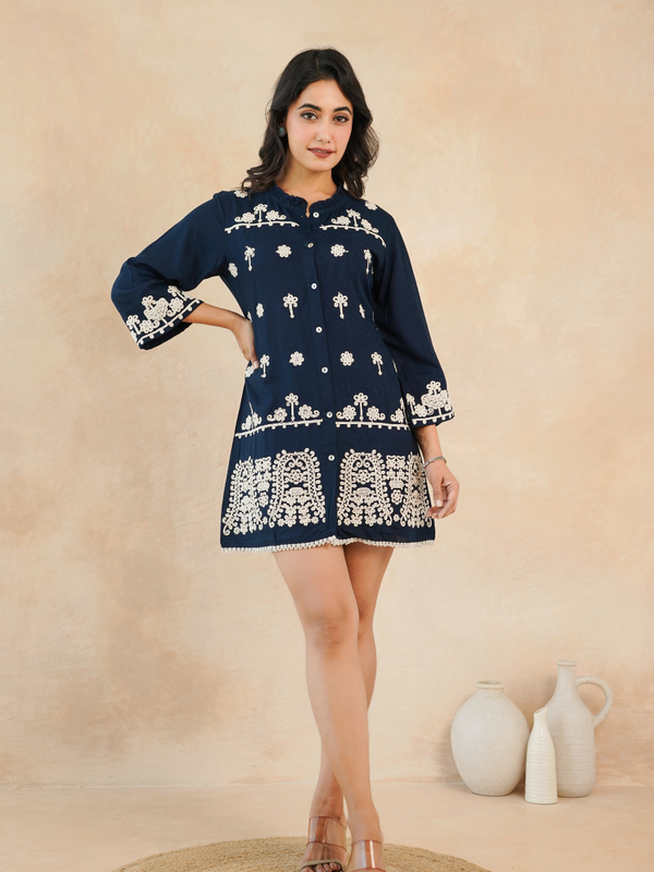 Navy Blue Embroidered Rayon Midi Dress