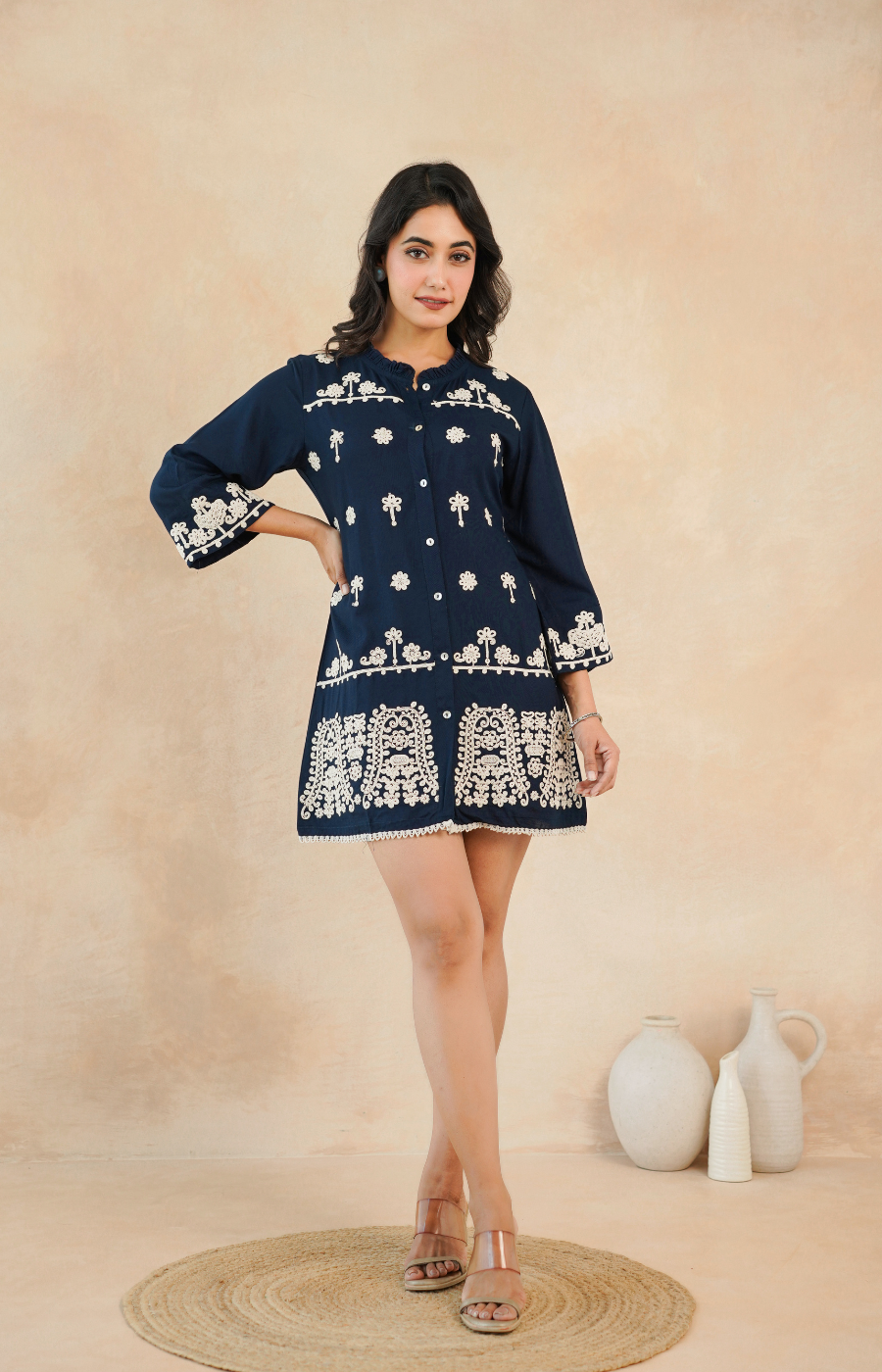 Navy Blue Embroidered Rayon Midi Dress