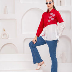Classic Red & White Cotton Embroidered Heart Shirt