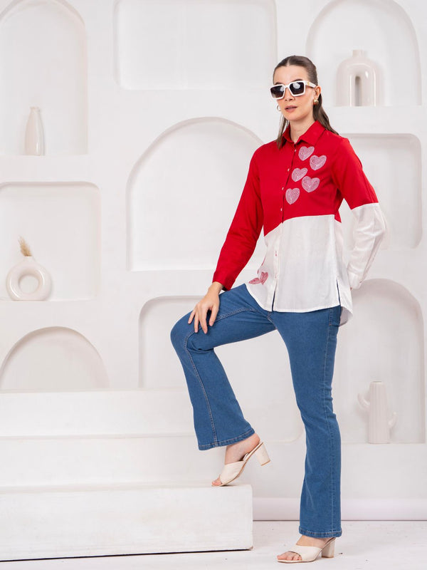 Classic Red & White Cotton Embroidered Heart Shirt