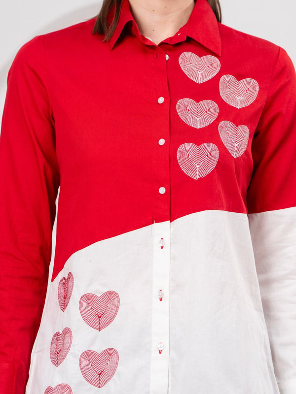 Classic Red & White Cotton Embroidered Heart Shirt