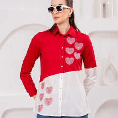 Classic Red & White Cotton Embroidered Heart Shirt